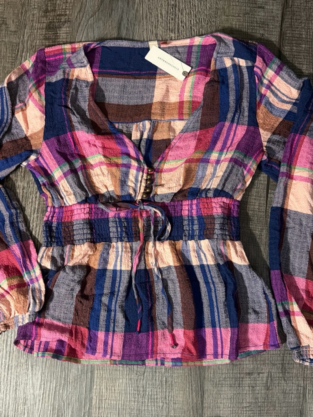 Anthropologie Pink Blue Plaid Smocked Waist Peasant Top